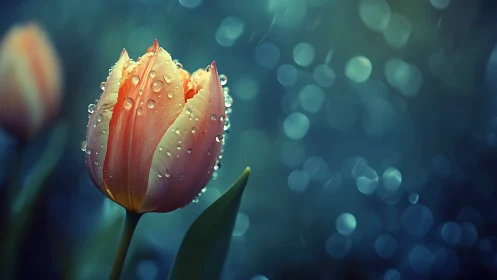 Tulip flower with water droplets under bokeh lighting