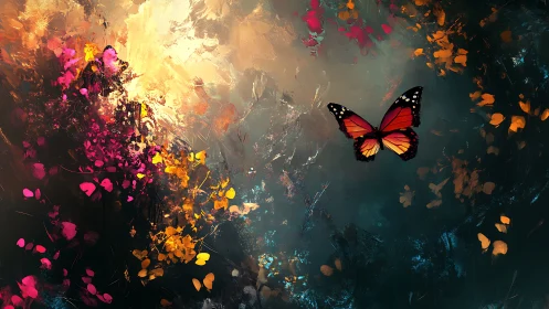 Butterfly with abstract foliage in vivid multicolored field.
