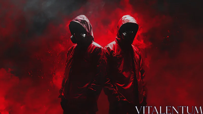 Dual hooded silhouettes in red particulate fog field.