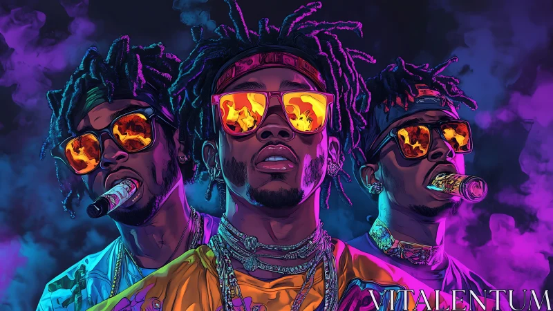 Neon hip hop trio with sunglasses in smoky purple glow.