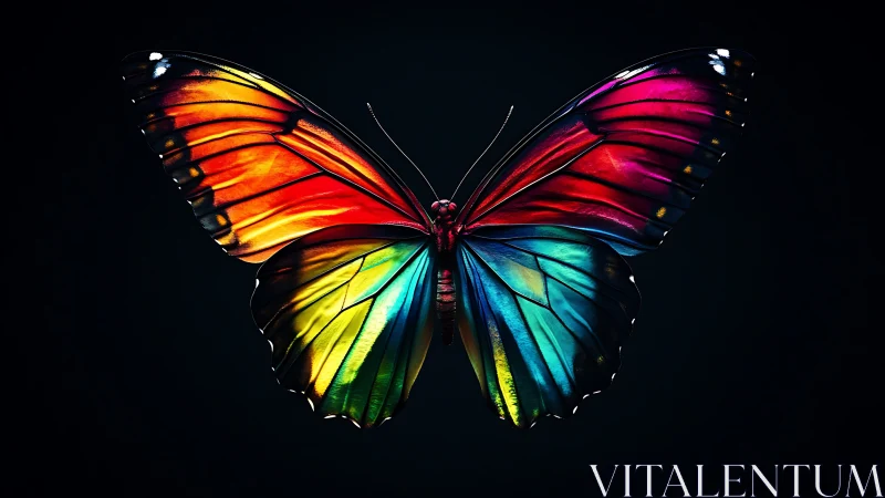 Vibrant multicolored butterfly on dark black background.