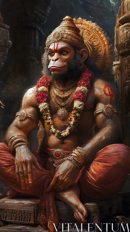 Regal monkey deity sits adorned with gold ornaments