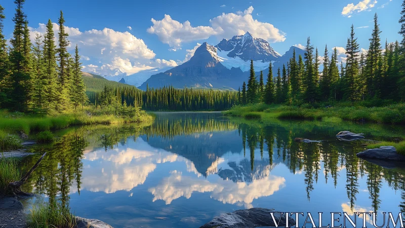 Alpine conifer lake with mirrored snowcapped mountains at sunrise