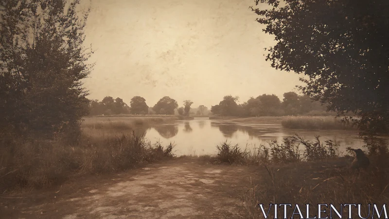 Serene Riverside Landscape in Vintage Sepia Tone Photography.