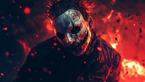 Masked figure in cracked metal mask against fiery backdrop.