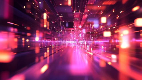 Futuristic digital tunnel with glowing neon lights in abstract style.