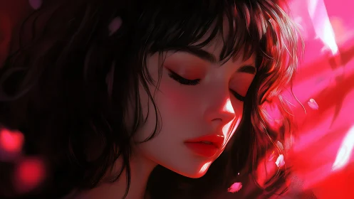 Chromatic portrait of serene woman in radiant red bloom field.