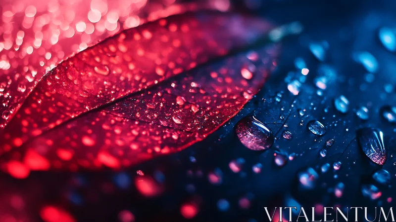 Radiant red leaf glows gently under cool blue raindrops