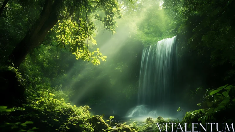 Enchanting Waterfall Glowing in Lush Forest Light