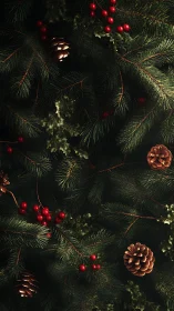 Photorealistic conifer foliage with berries and pinecones matrix.