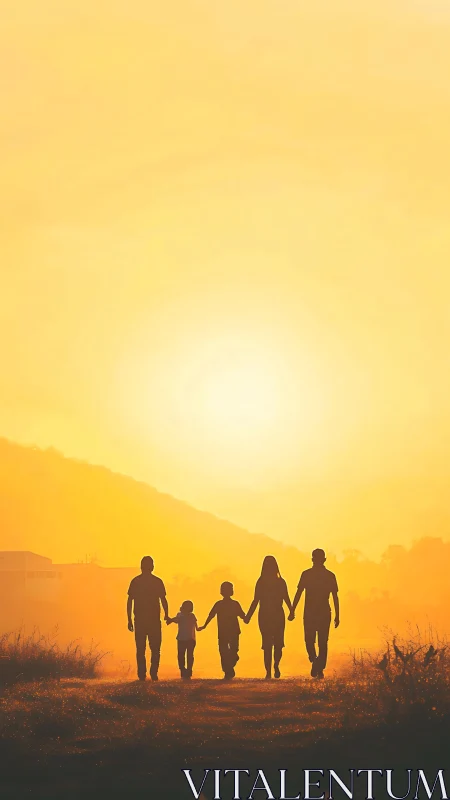 Silhouetted family walking together in warm sunset light.
