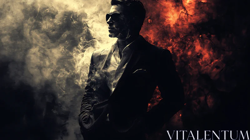 Silhouetted man in suit dissolves into contrasting smoke fields