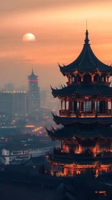 Sunset illuminates traditional pagoda above hazy city skyline