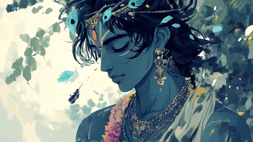 Softly glowing blue figure crowned with drifting feathers.