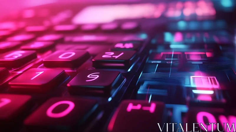 Neon calculator keys glowing in a dreamy cyber haze.