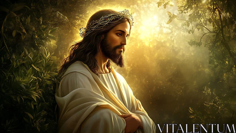 Religious figure with crown of thorns in sunlit forest setting.