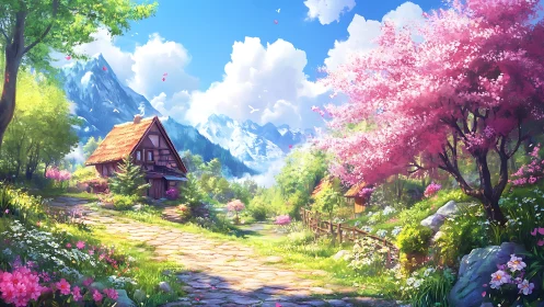 Mountain valley cottage with flowering trees and stone path.