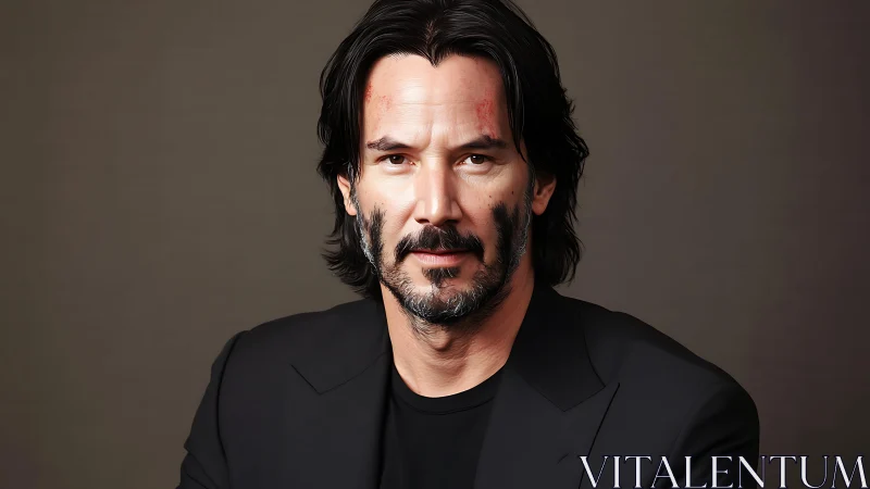 Stoic male portrait with cinematic scars and soft lighting.