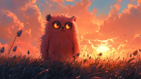 Fluffy orange creature with glowing eyes at sunset field.