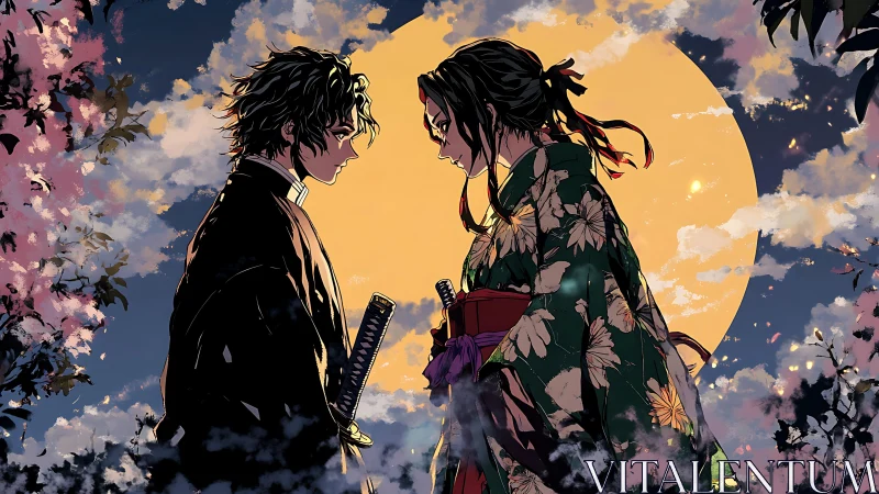 Two armed figures stand facing each other before full moon