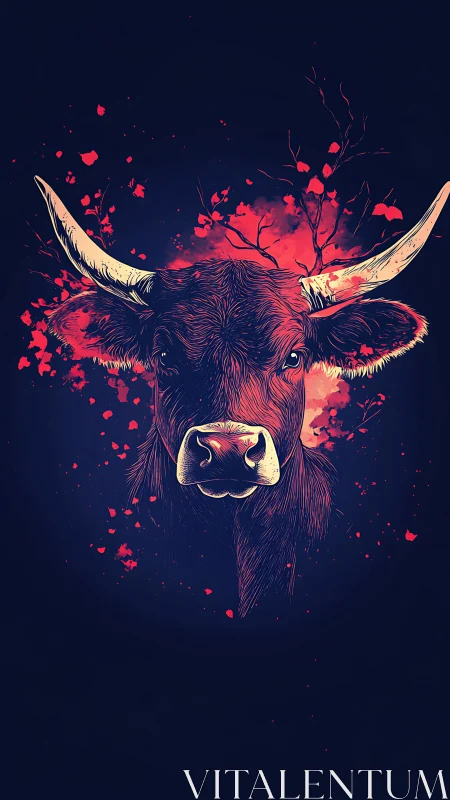Bold crimson bull portrait glowing against night sky.
