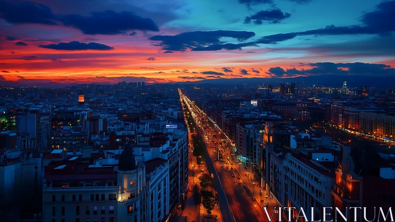 City lights stretching beneath a glowing blue and red sky.