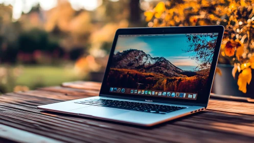 Laptop on wooden table in warm autumn outdoor sunlight.