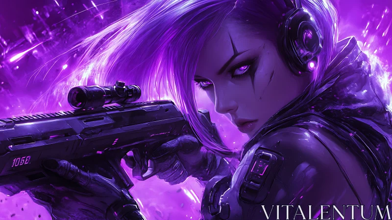 Cybernetic sniper operative in neon violet particle storm.