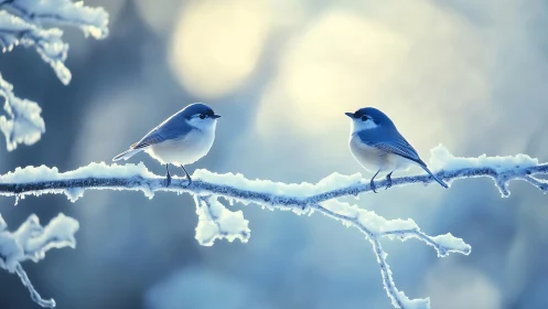 Two Blue Songbirds on a Snowy Branch in Soft Winter Light.