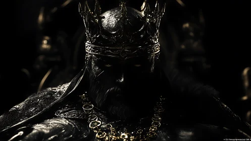 Dark armored monarch seated on throne in low light.