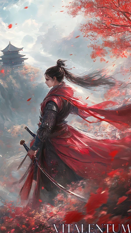 Red-clad warrior faces misty cliffs and distant temple.