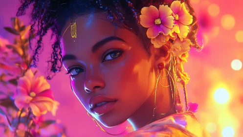 Radiant floral portrait glows in dreamy neon evening light