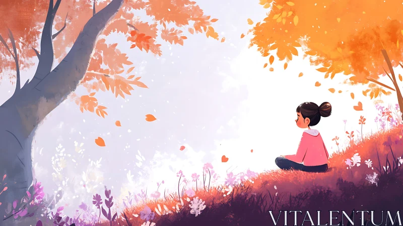 Girl sits in autumn meadow, quietly dreaming beneath trees