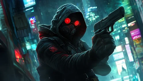 Hooded gunman with red mask eyes in neon city street.
