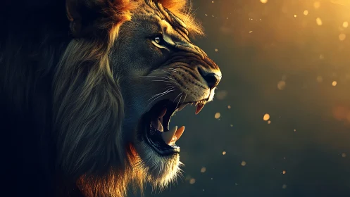 Side profile of roaring lion in directional light.