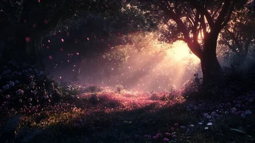 Sunlit forest glade with dense flowers and drifting petals.