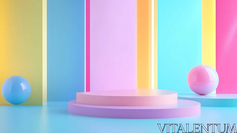 Playful pastel stage with soft glowing geometric shapes.