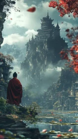 Monk in crimson beholds mist-drowned mountain temple citadel.