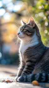 Tabby and white cat sitting outdoors in natural sunlight.