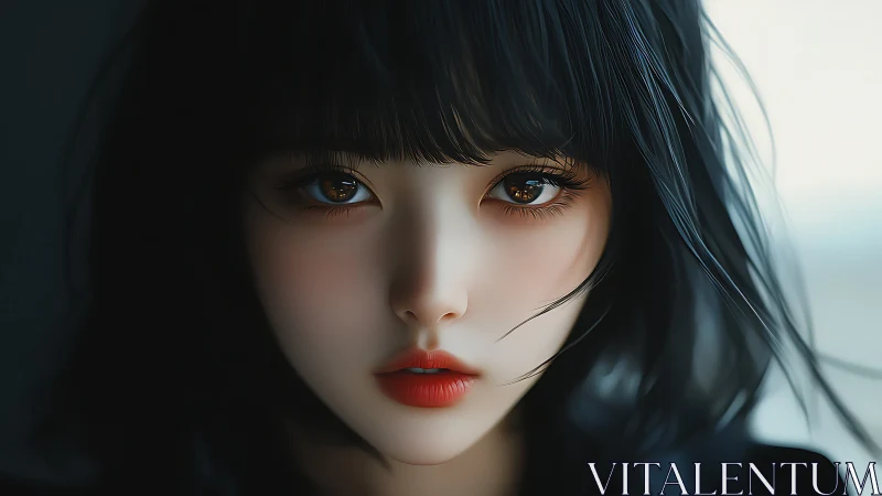 Soft gaze and midnight hair in a dreamy digital portrait.