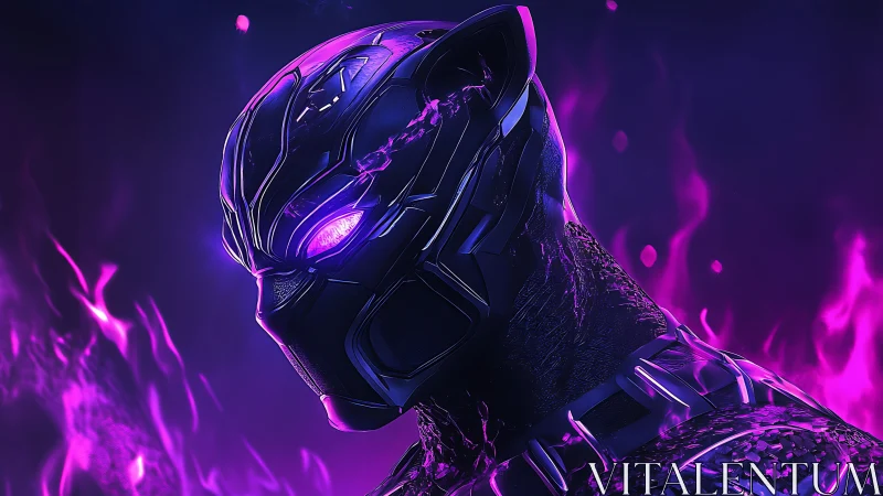 Armored feline-themed figure is rendered in purple lighting
