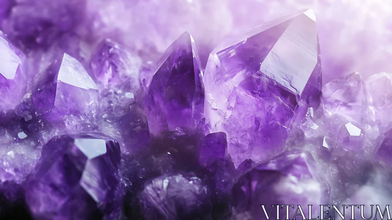 Cluster of purple quartz crystals in close macro view.