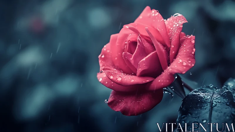Rain kissed crimson rose glowing in stormy twilight hush.