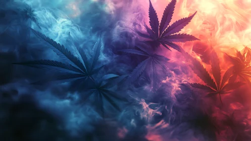 Smoke-drenched cannabis leaves drift through neon twilight haze