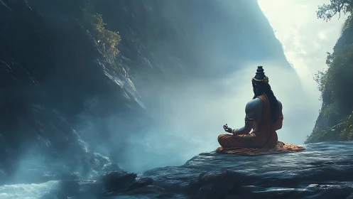 Meditating ascetic on cliff ledge above misted river gorge