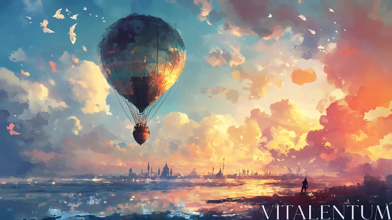 Sunlit hot air balloon drifts above a dreamy seaside city