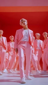 Multiple figures in coordinated pink suits stand in uniform light