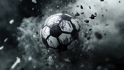Storm-charged soccer ball bursting through smoky twilight.