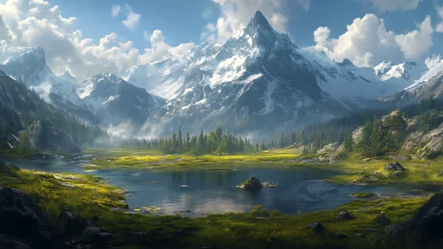 Sunlit alpine lake cradled by quiet snow-capped peaks.