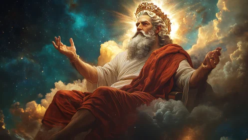 Bearded robed figure seated amid clouds with radial backlight